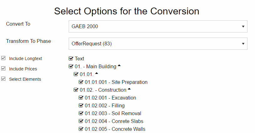 Selecting Options For The GAEB Converter Conversion Process