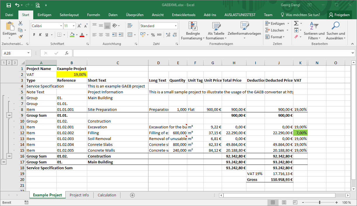 GAEB To Excel Converter Tax Rate Input