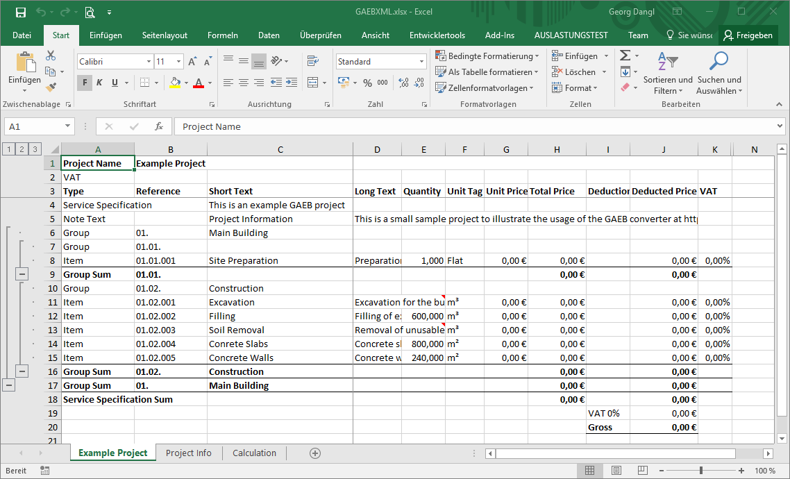 GAEB To Excel Converter Overview Worksheet