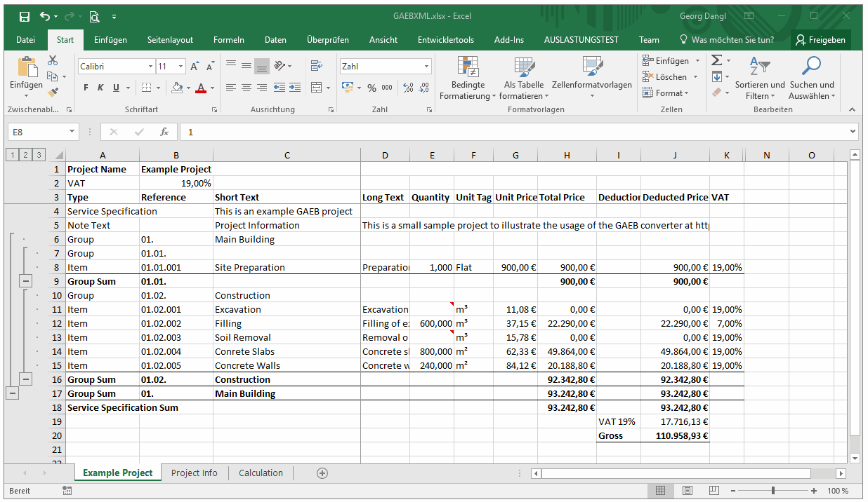 GAEB To Excel Converter Setting Quantities