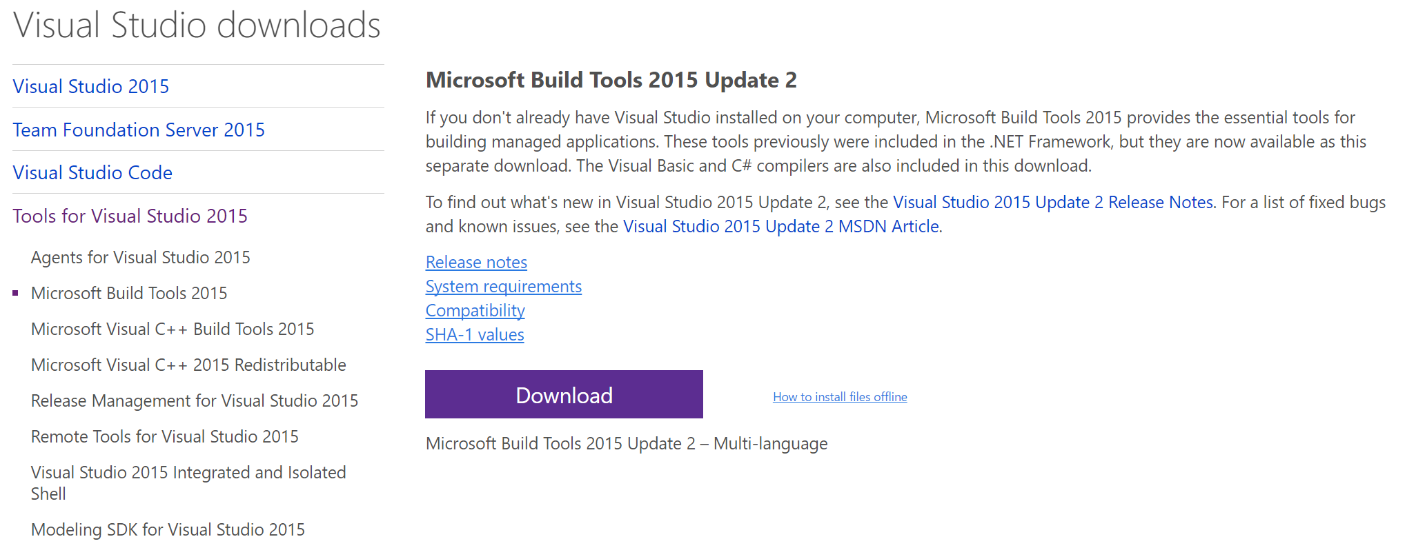 VisualStudio.com Microsoft Build Tools Download Page
