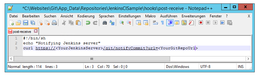 Git Post Receive Hook in Notepad++